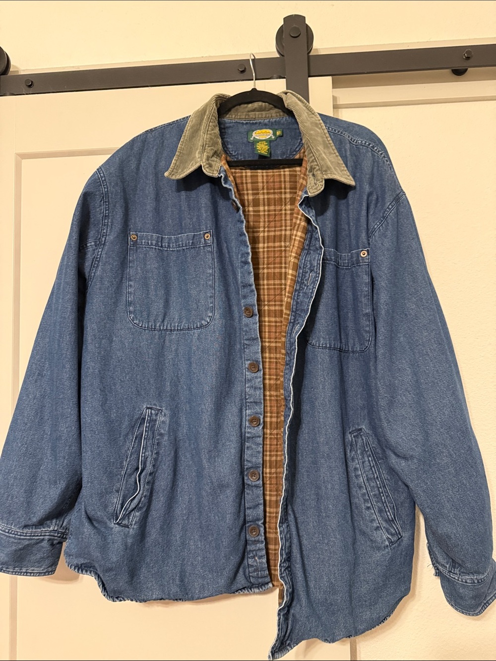 Cabela's Blue Denim Jacket with Tan Plaid Lining